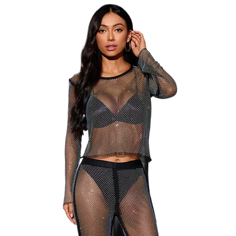 2026 Neuheiten Nachtclub-Party Damen T-Shirt Elegante Lässige Streetwear Kleidung Strand Hollow Cover-Up Bikini Funkelnd – Detail 2