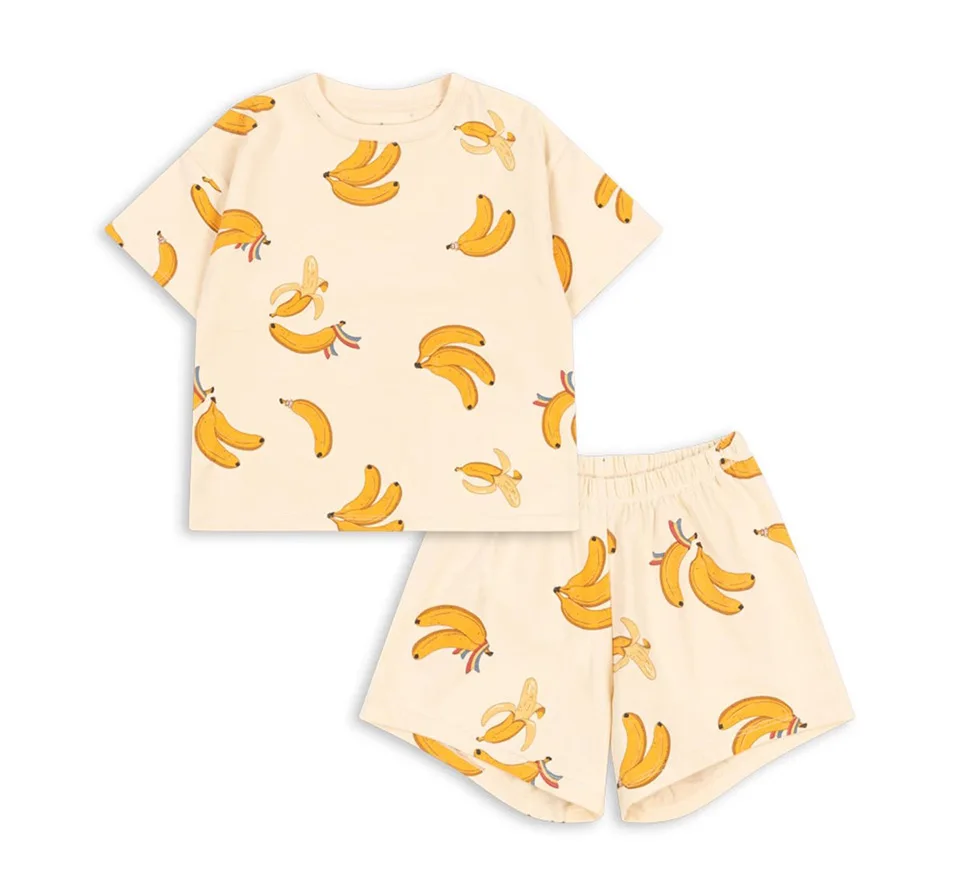 Summer 2026 Stock Kids Clothing Set Full Print Banana Ruffle Navy Style Short Sleeve Top + Shorts High Quality Children's Wear