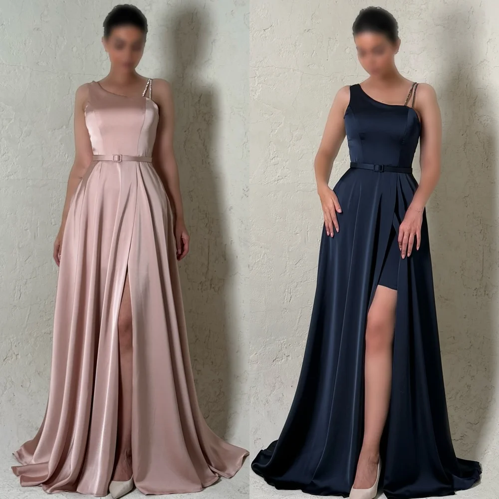 

Customized Elegant Simple Charmeuse Sash Ruched A-line Off-the-shoulder Long Dresses Bespoke Occasion Dresses Sizes Available