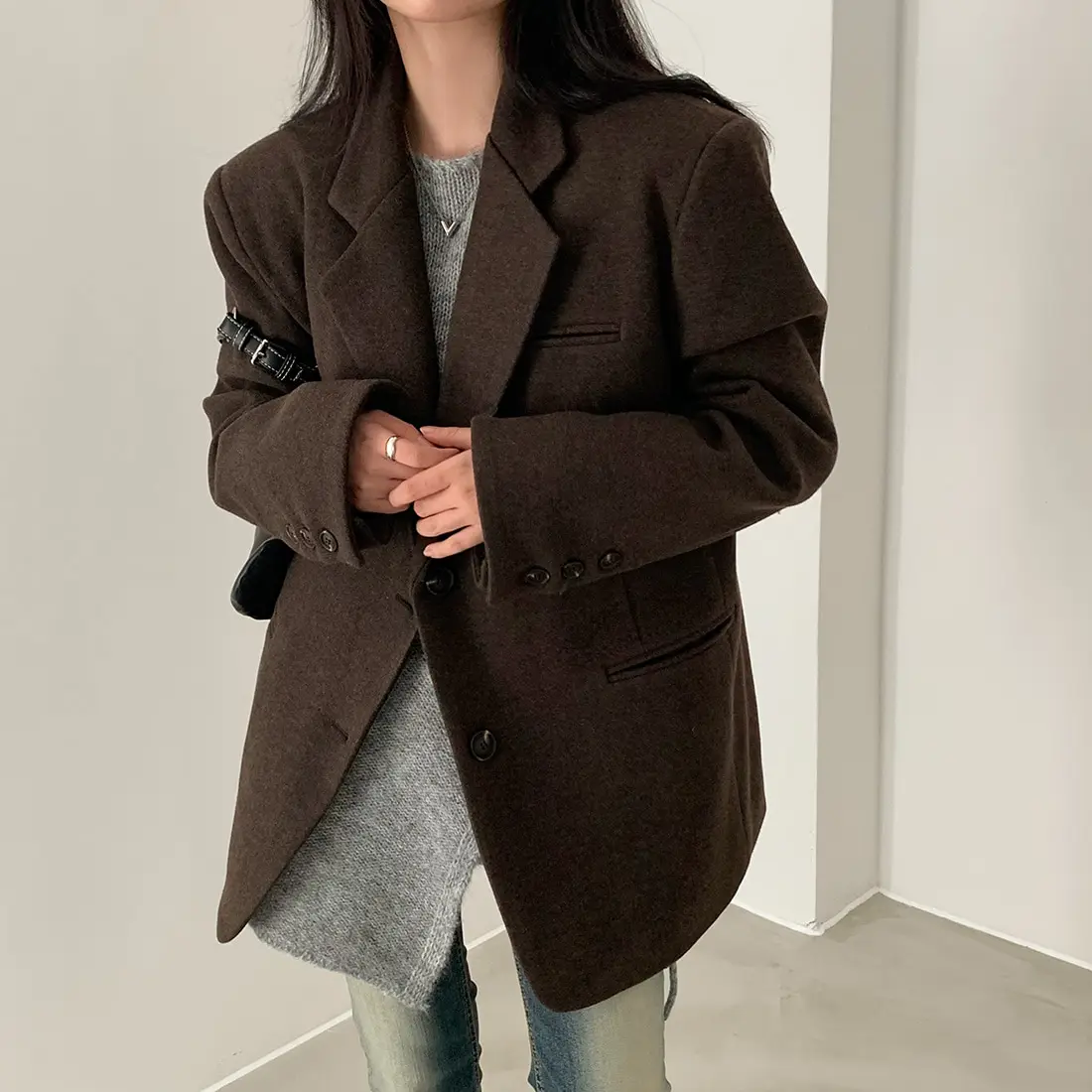 Korean Chic Oversize Woolen Suit Jacket Women's Loose Lazy High-End Feeling Tweed Coat Long Sleeve Commute Style Pure Cotton