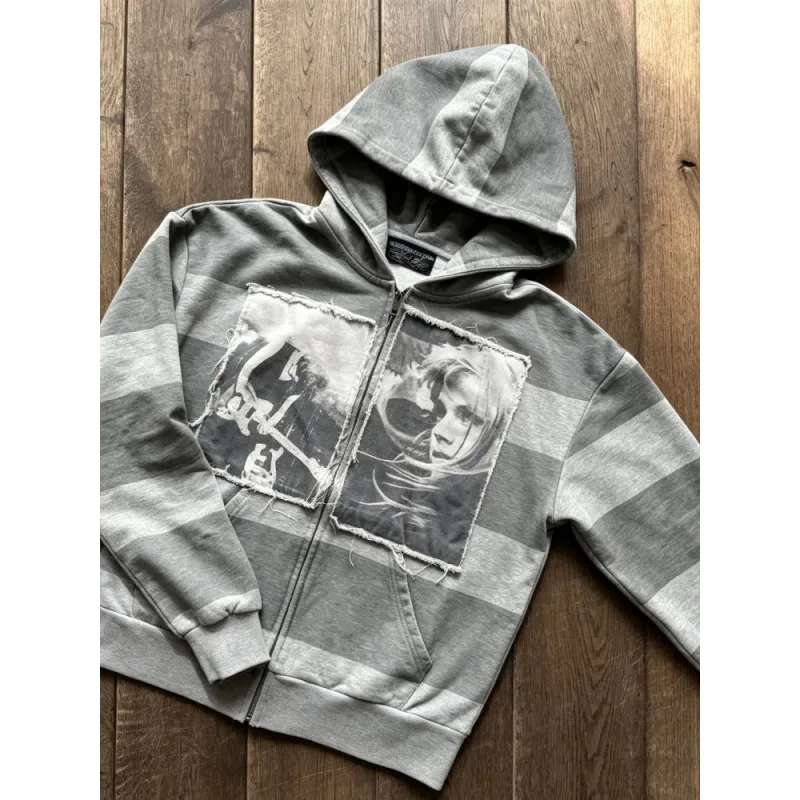 Y2K Striped Zip Up Hoodie Unisex Rock Music Portrait Print Hooded Sweatshirt Harajuku Alt Aesthetic Long Sleeve  Streetwear