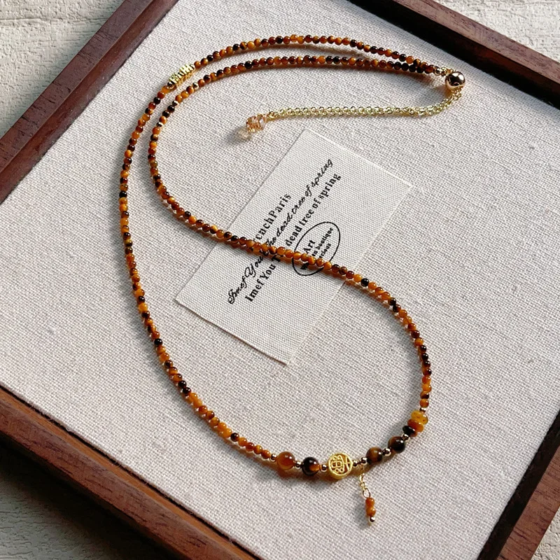 Chinese Style Natural Small Round Beads Yellow Tiger Eye Stone Gold Multi-Layer Three-Circle Bracelet Hand String Size 2.5mm 6mm