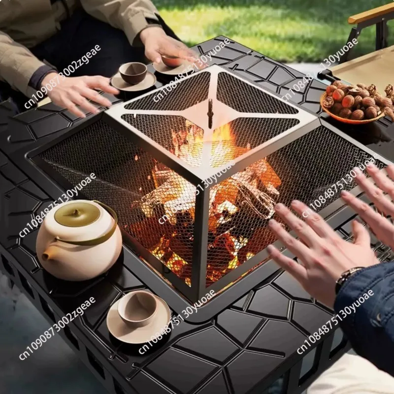 Outdoor Metal Wood Burning Square Fire Pit Portable Garden Courtyard Fire Bowl with Spark Screen Log Poker&Cover