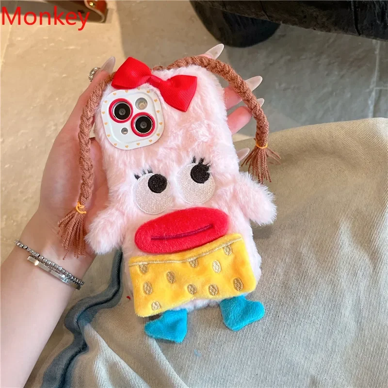 3D Cartoon Braided Girl Silicone Phone Case For iPhone 16 pro 15 Plus 14 13 12 11 Pro Max Cute Warm Fur Sausage Mouth Cover Gift