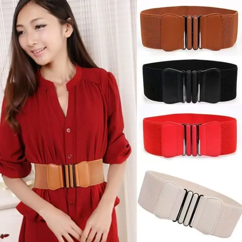 Women's dress Korean version with double oval button fastening, elastic waistband decoration, and wide faux leather corset belt