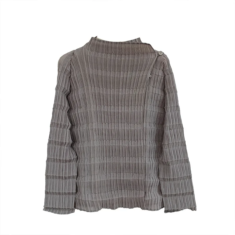 Miyake 2025 Spring and Summer Fashion Casual Loose Cardigan Short Jacket Pleated Striped Round Neck Long-sleeved Women's Blouse