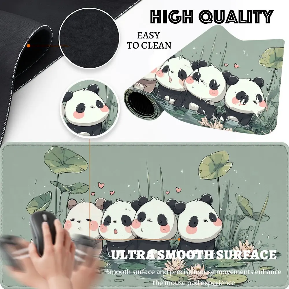 2D Flaches XXL/XL/L Großes Gaming-Mauspad, Lotus-Teich Niedliches Panda-Design, Anime-Stil Schreibtischunterlage für Büro & Spiel, PC-Zubehör