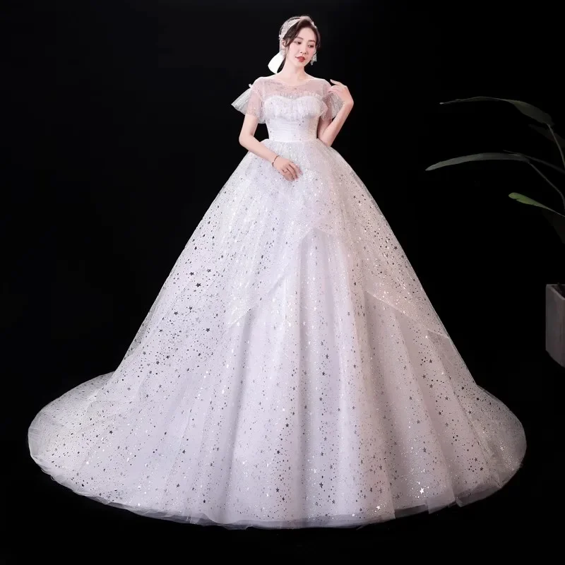 

Wedding Dresses Cheap White Tulle Sequins Bling O-neck Ruffles Short Sleeve Lace up Trailing Princess Bride Ball Gowns Plus size