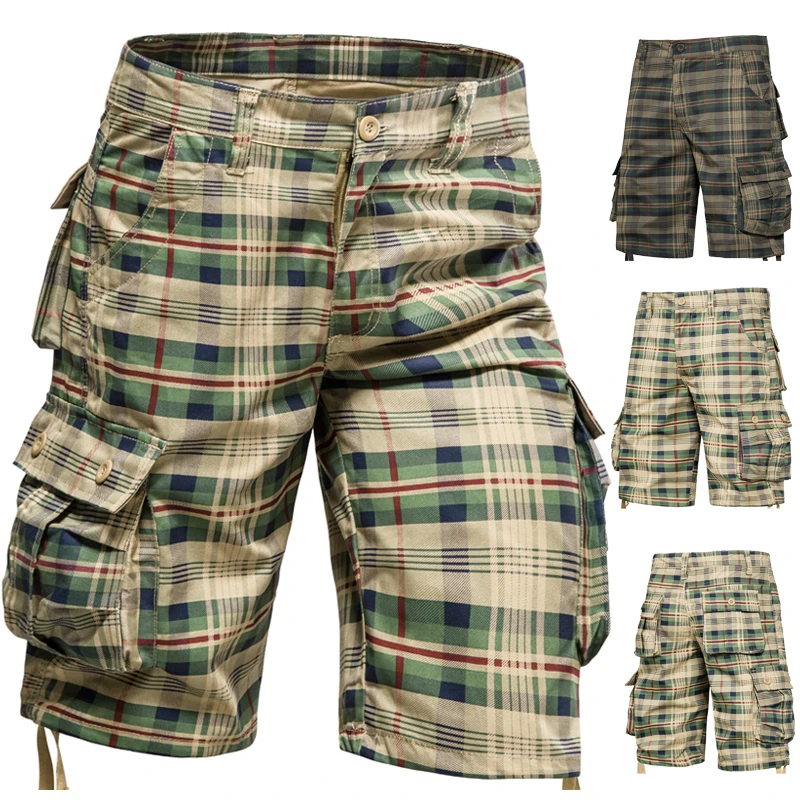 Men\'s Plaid Cargo Shorts Knee Pants Summer Cotton Thin Casual Sports Utility Pocket Large Size Straight Swim Breeches