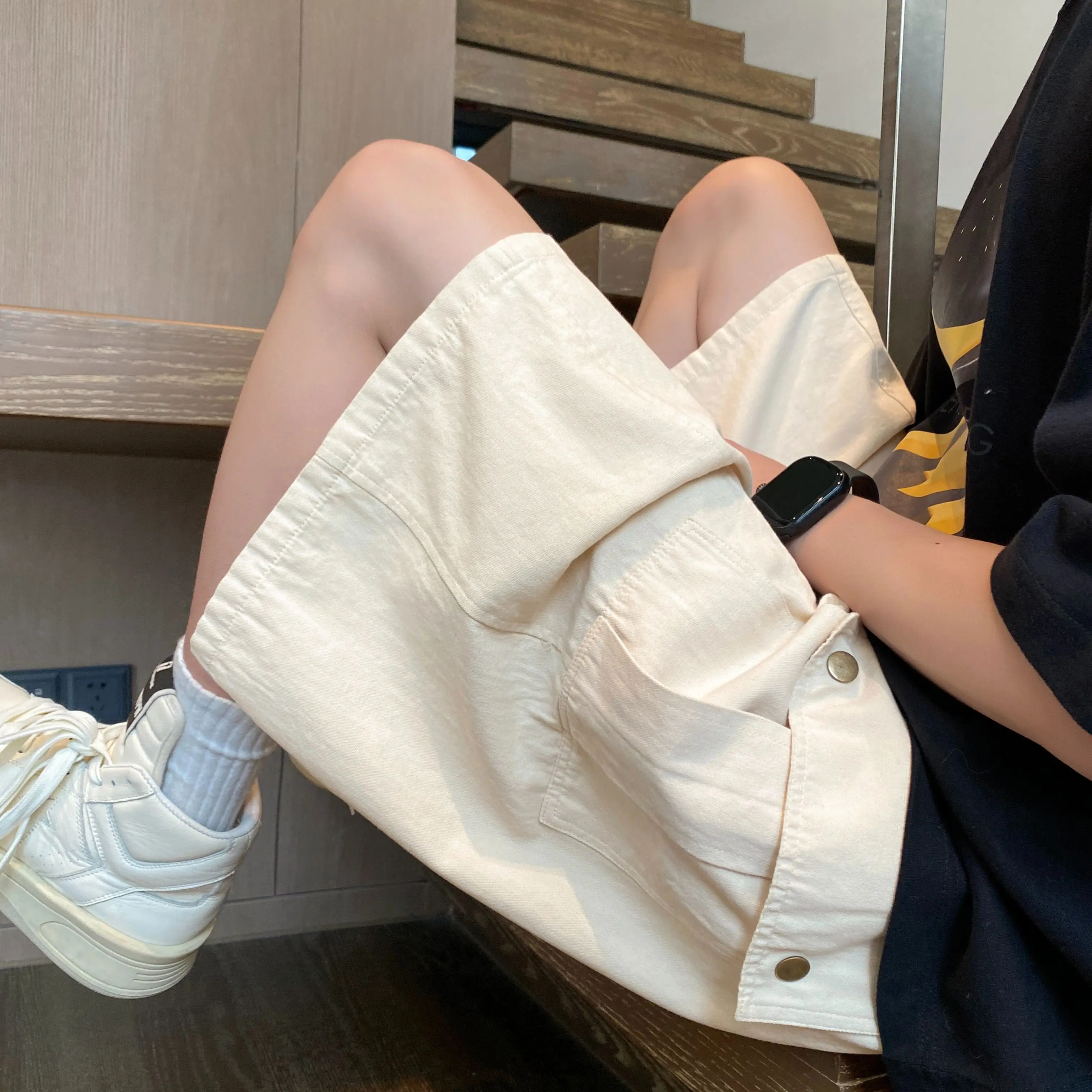 Men's Loose Cargo Shorts Summer 95% Cotton 5% Polyester Elastic Waist Multi Pocket Knee‑Length Casual Bermuda Shorts Street Fash