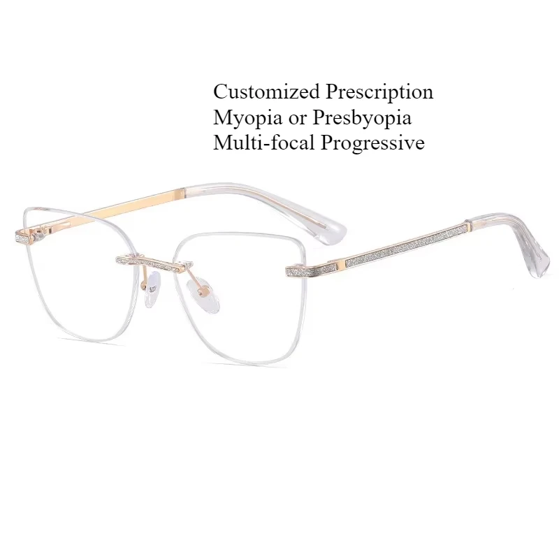 

Customized Prescription Glasses Women Rimless Multi-Focal Progressive Photochromic Anti-Blue Light Myopia Hyperopia Eyeglasses