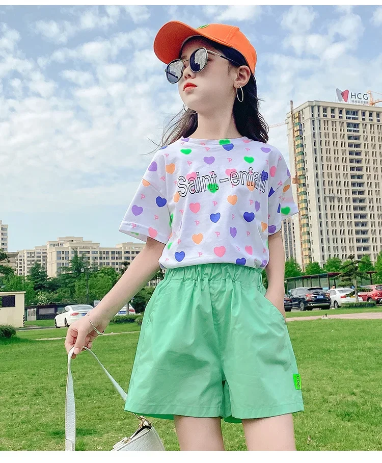 Teenager Girls Suit 2-piece Summer Love Print Short-sleeved Shorts New Children\'s Clothes for Casual Outer Wear Children\'s Sets