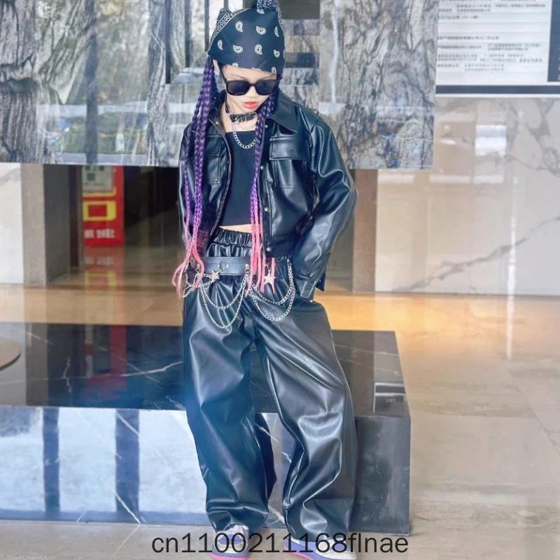 Children's Jazz Dance Costume Cool and Handsome Girl Black Motorcycle Style Leather Jacket and Pants Set Streetdance Performance