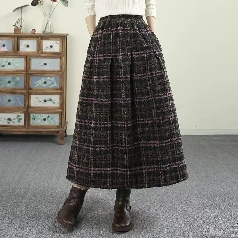 2024 New Arrival Autumn/winter Women Loose Casual Plaid Print A-line Skirt Arts Style Elastic Waist Mid-calf Woolen Skirts