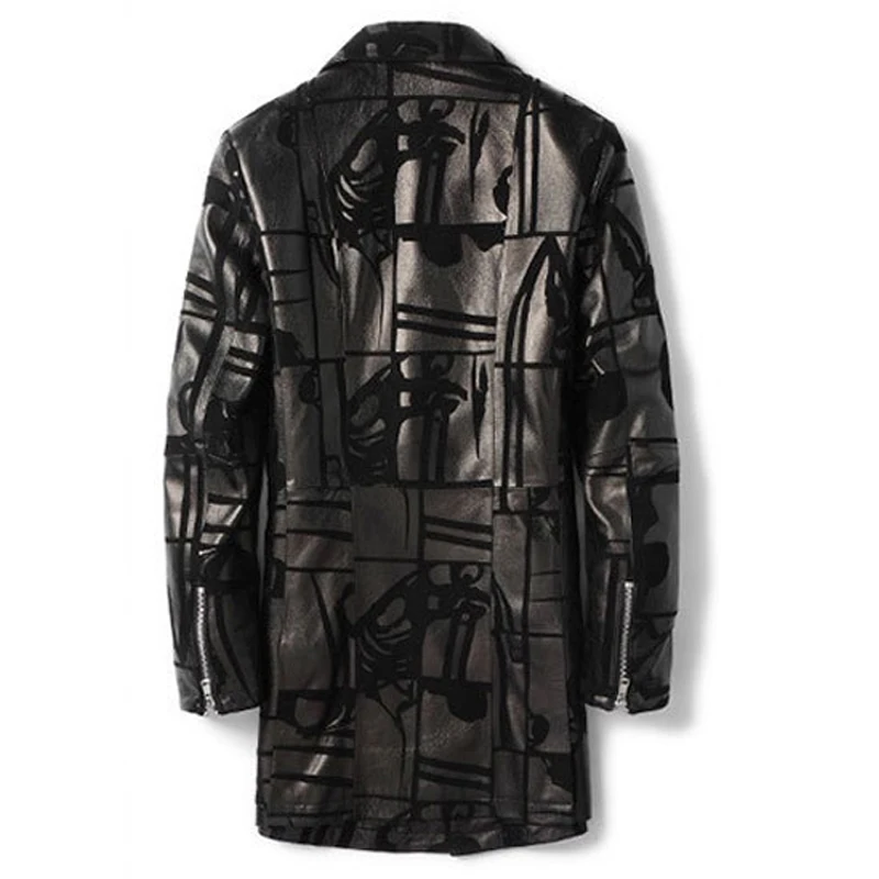 Genuine Leather Jacket Men Mid Length Suit Suede Printed Trench Coat Winter Male Slim Fit Zipper Locomotive Jaqueta Masculina