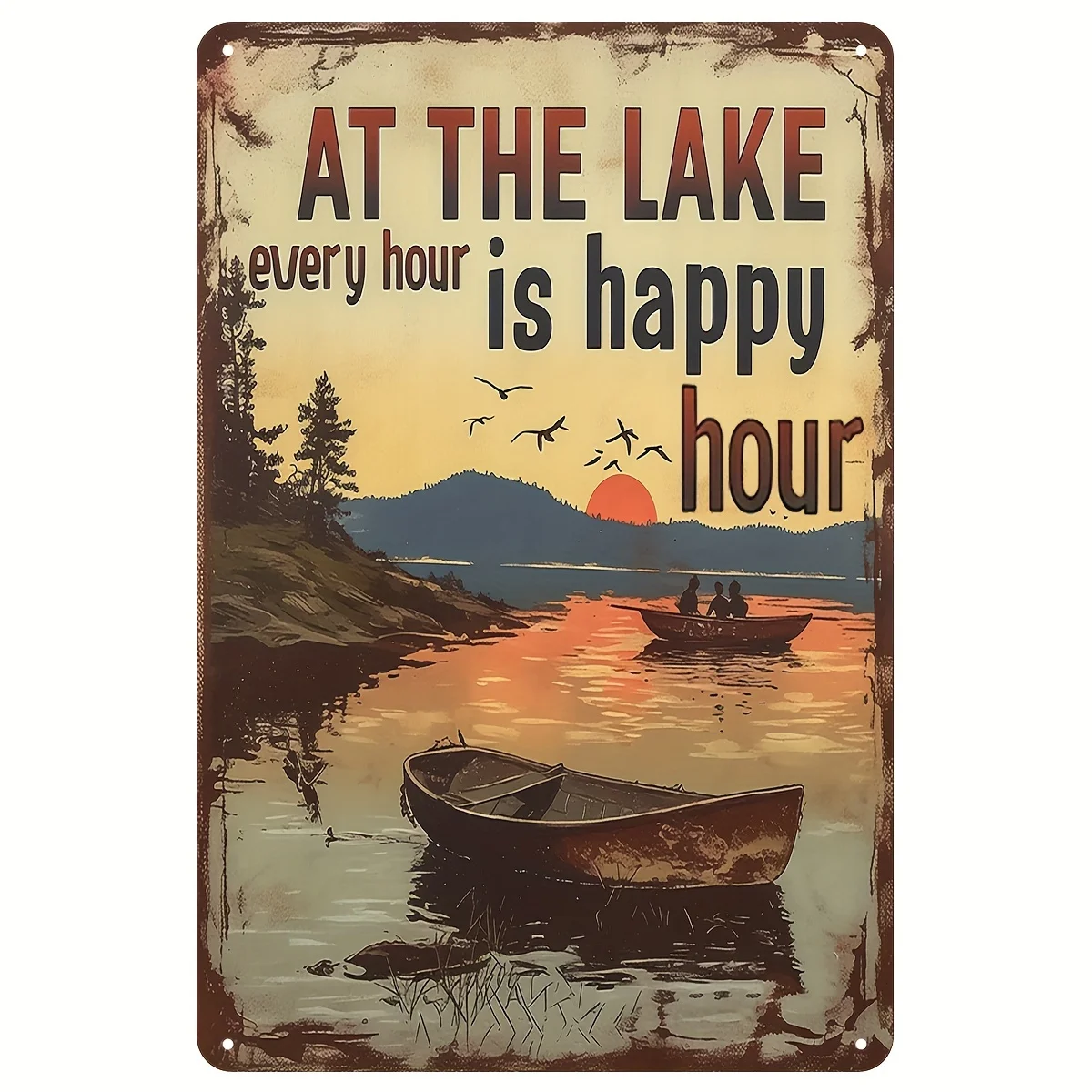 Rustic Lake Happiness Metal Wall Sign - 12x8 Inches, Vintage Outdoor Decor with Sunset and Boats, Ideal for Home or Cabin Deco