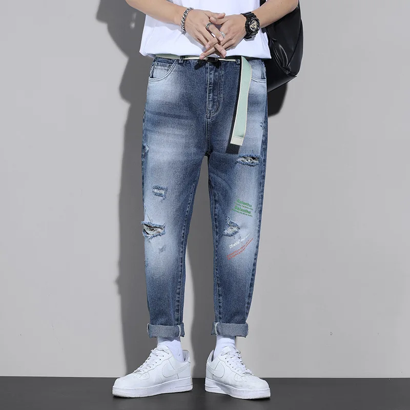 2023 New Men Vintage Style Hip Hop Youth Street Jeans Fashion Korean Hole Straight Boy Men's Denim Pants Casual Business Jeans