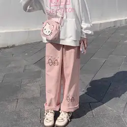 Autumn Corduroy Wide Leg Pants Women Overalls Japanese New Soft Girl Cute Rabbit Print Student High Waist Loose Trouser Female