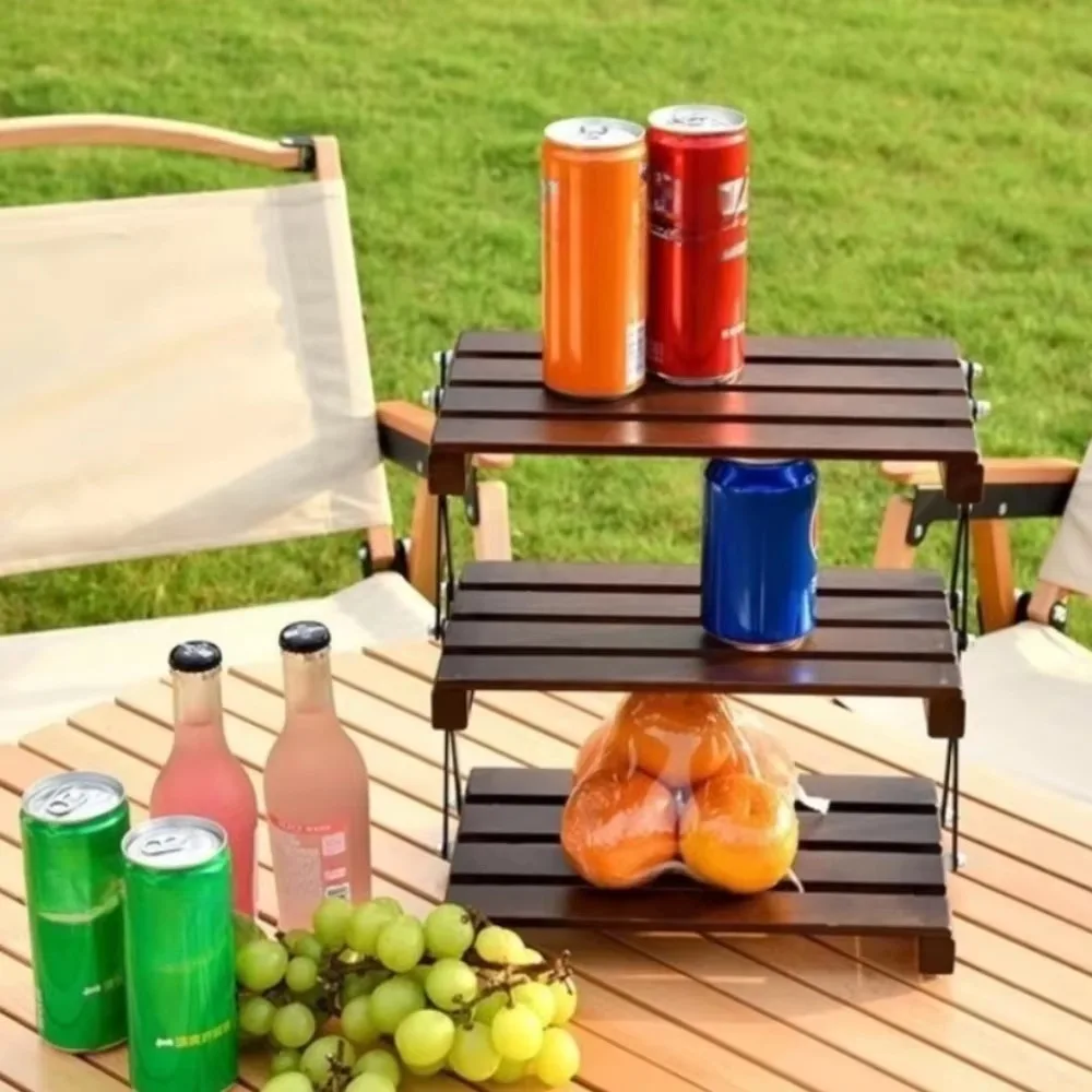 Outdoor Camping Folding Shelf Solid Wooden Three Tier Desktop Storage Rack Portable Multifunctional Outdoor Folding Storage Rack