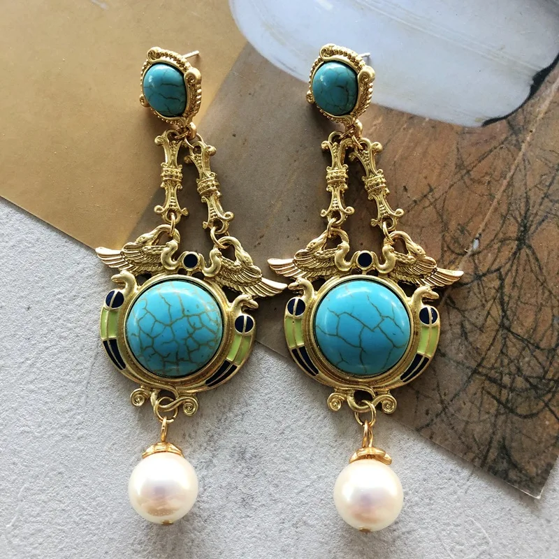 

European and American ancient enamel turquoise electroplated genuine gold chain silver needle earrings