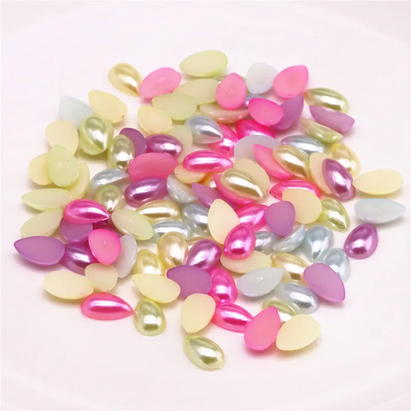 300 pcs 10*6 millimetri Colori Della Miscela ABS Imitazione a Metà Teardrop Pearl Beads FlatBack Cabochon FAI DA TE Scrapbook Craft/ nail Deco, VEG