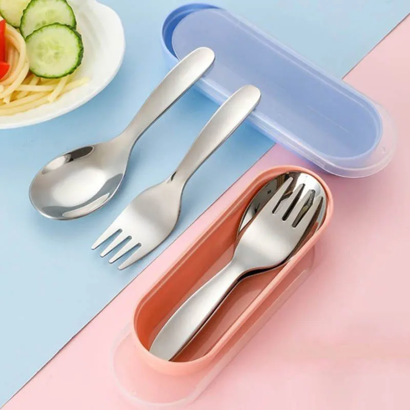 Portable Cutlery Set with Storage Box Fruit Fork Cake Spoons Stainless Steel Fork Spoon Kit For Travel Camping Kitchen Tableware