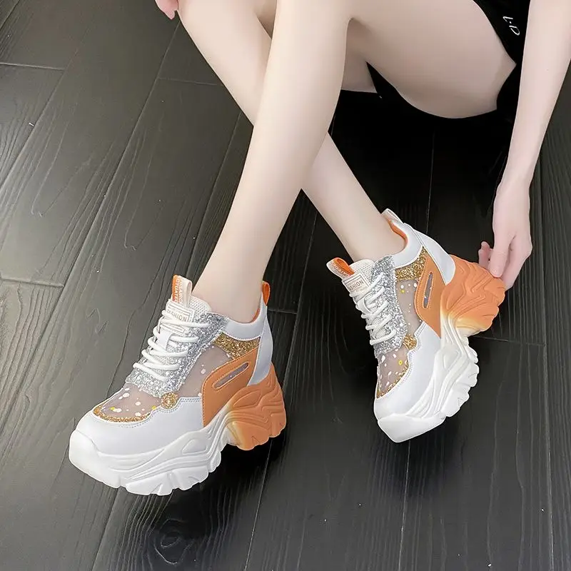 2026 New Summer Spring Ladies White Sneaker Air Mesh Breathable Chunky Dad Shoe Height Elevator Casual Everyday Footwear