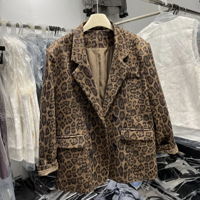 

Fashion Leopard Print Notched Collar Coat Women 2025 New Double Breasted Jackets Y2k Loose Mid-length Long Sleeve Tops Mujer