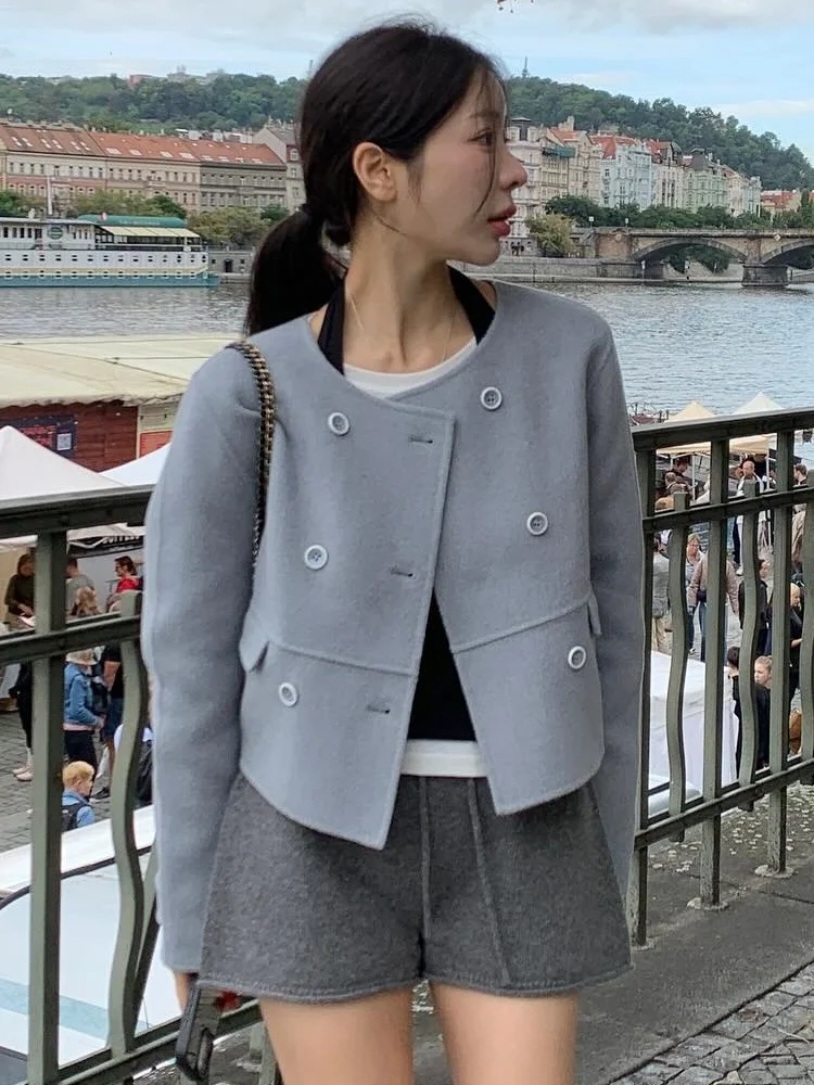 معطف ريترو إلي بسيط مستدير Ne بزر مزدوج من التويد للنساء مقاس صغير لتخفيض العمر ملابس خارجية من الصوف #1