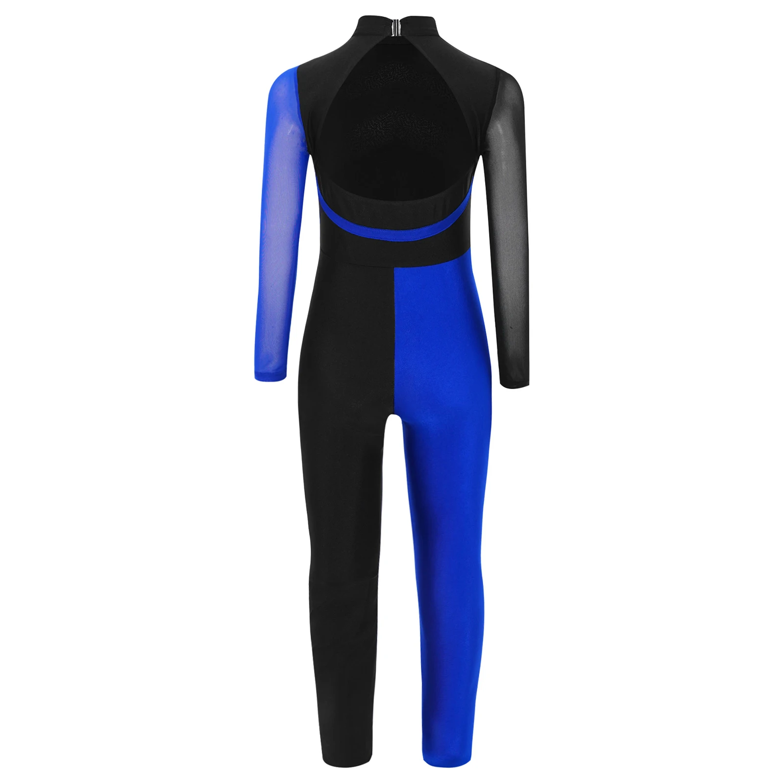 Body de baile con lentejuelas brillantes para niñas, mono de gimnasia con bloques de Color, mono con cuello simulado de malla transparente de manga larga con recorte en la espalda