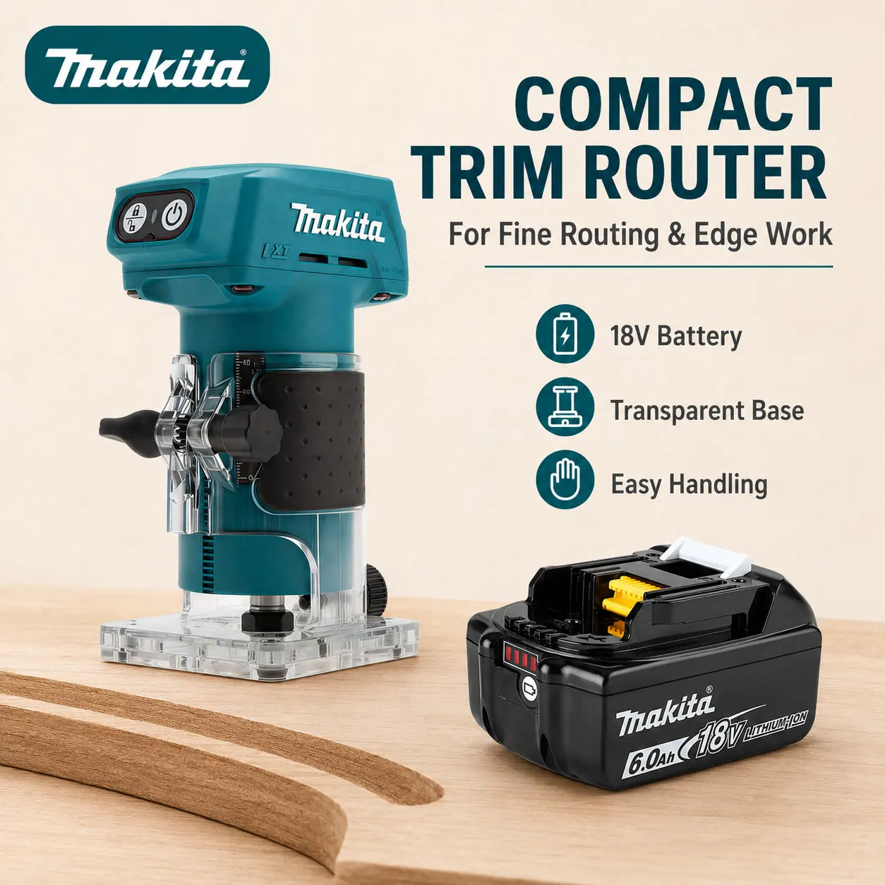 Ideal für die Bewältigung komplexer Holzbearbeitungsprozesse, die präzises Multi-Tasking-Kantenprofilieren und gleichmäßige Schlitzbearbeitungsergebnisse erfordern. Der Makita DRT52 Akku-Kompaktfräser