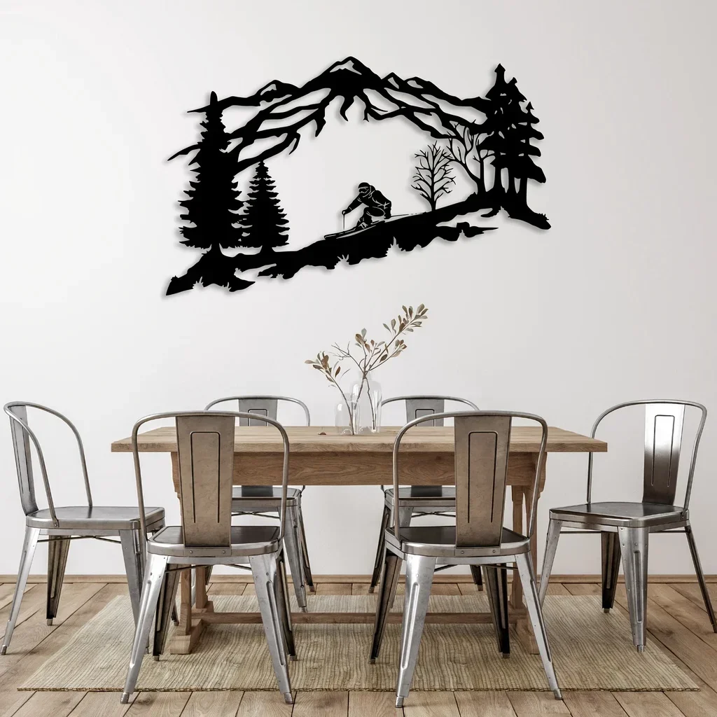 Mountain And Trees Themed Wall Art Metal Wall Decor, Metal Skier Wall Art, Ski Lover Gift Home Decor metal wall hanging