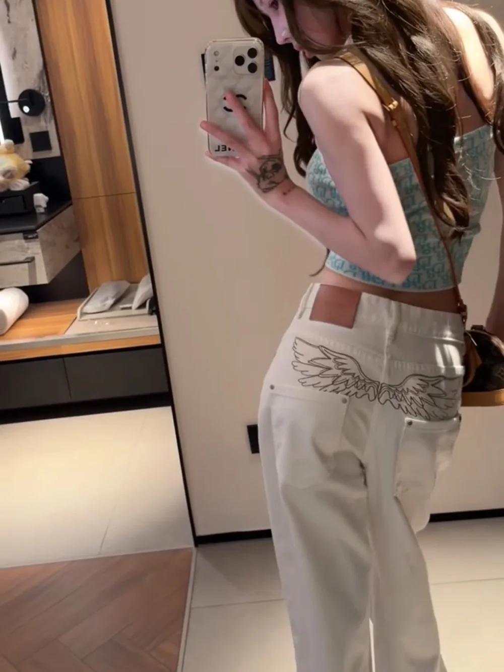 

American Heavyweight Letter Embroidery High Waist White Knife Jeans Women's Summer New Loose Wide Leg Pants Long Trousers