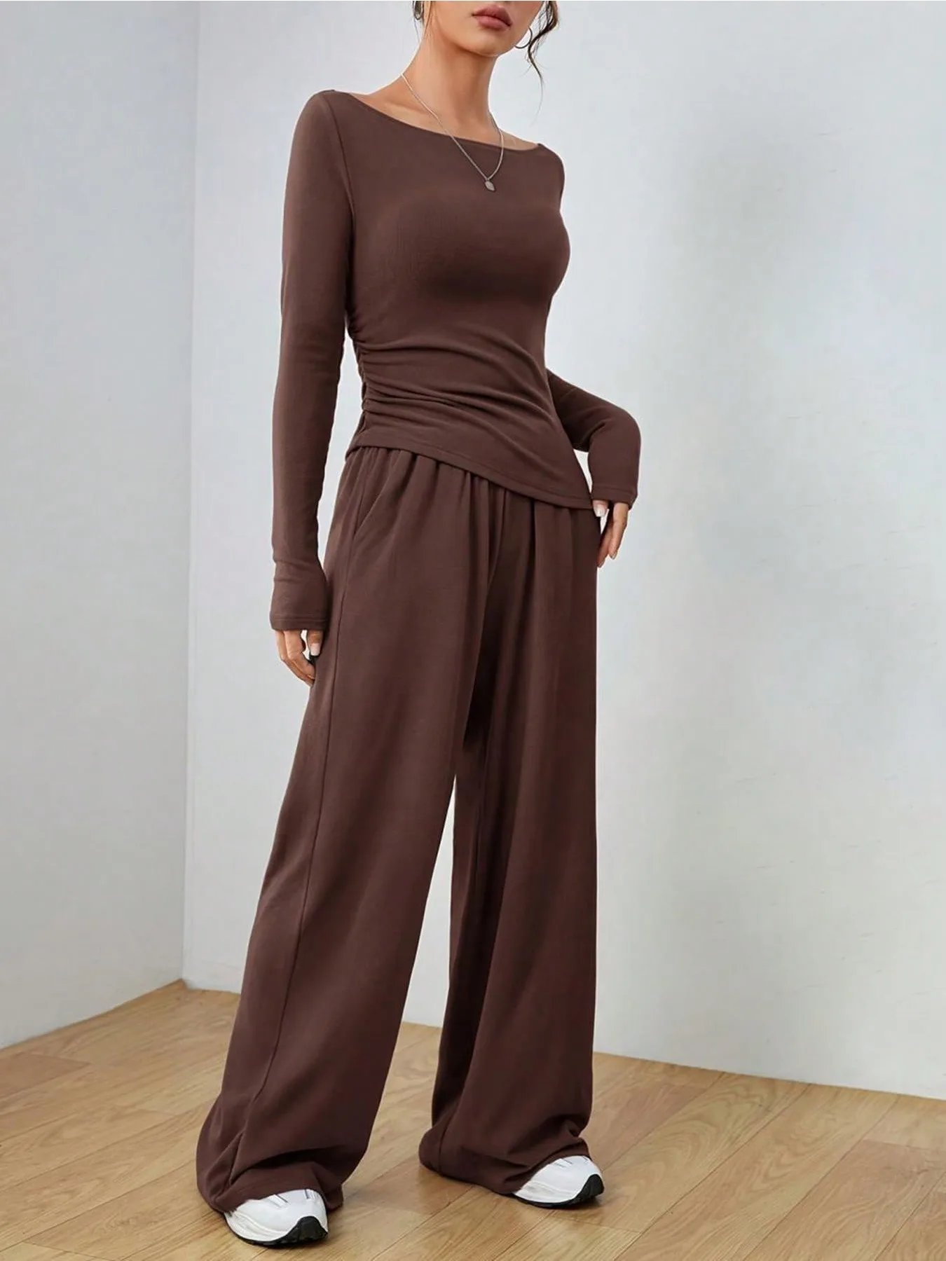 Women's Elegant and Simple Solid Color Casual Home Suit Long Sleeved Round Neck Pullover Top and Loose Pants Two-piece Set