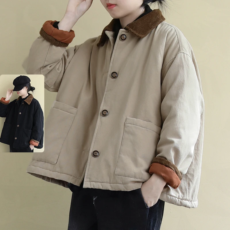 

Свободный хлопковый тюнет больших размеров, осенний новый ретро-художественный воротник, чистый цвет, универсальная теплая верхняя одежда с хлопковым наполнителем, футболка...