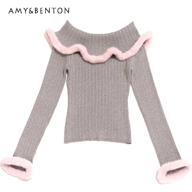 

Autumn Winter New Burr Off-Shoulder Women's Knitted Pullover French Design Splicing Base Shirt Slimming Fashion Sweater Ladies