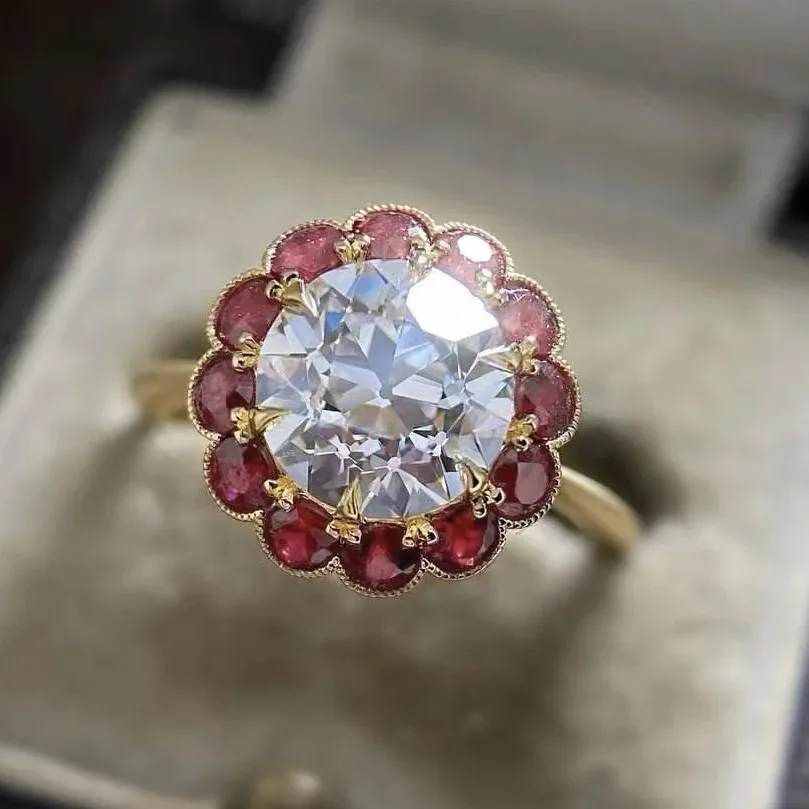 Fashion instagram Internet celebrity handmade women zircon ring with ruby set hand jewelry