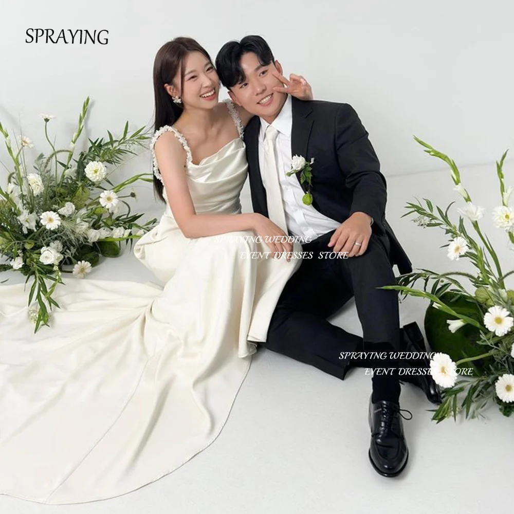 

SPRAYING 웨딩 촬영 드레스 Lace Shoulder Straps Korea Wedding Shooting Dresses Square Collar Soft Satin Bridal Gown A-line Elegant