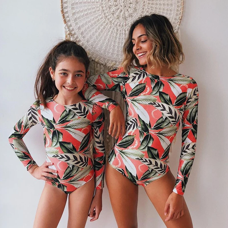 Bikini 2022 Surfing Swimsuit for Women Long Sleeve One Piece Bodysuit Leaves Print Sexy Bikini Brasile Summer Push Up Swimwear