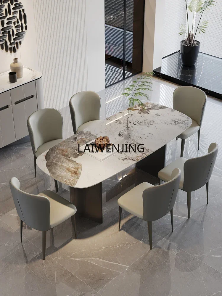 

Italian minimalist light luxury rock slab dining table household rectangular high-end unshow steel simple dining table