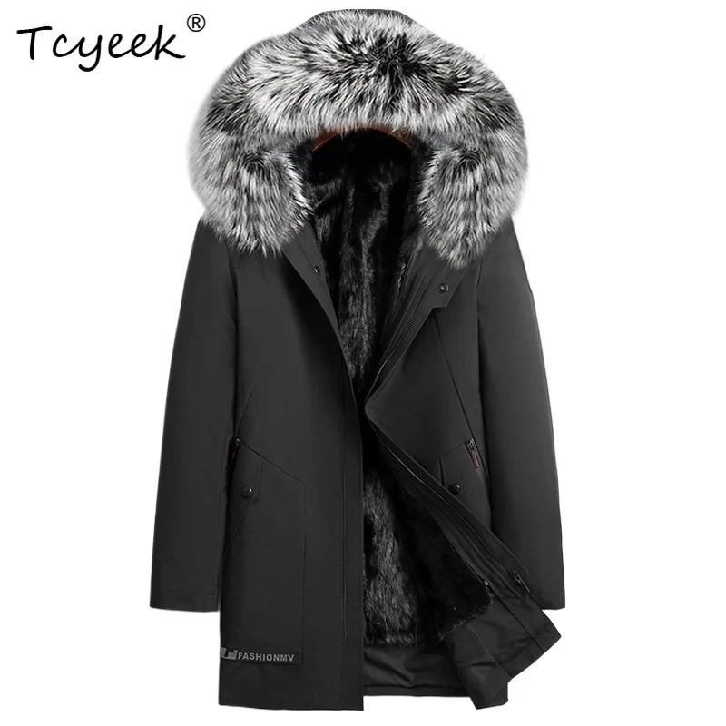 

Tcyeek Shearling Съемная норковая внутренняя подкладка Высококачественная модная повседневная черная мужская парка средней длины с капюшоном Kurtka Puchowa Męska
