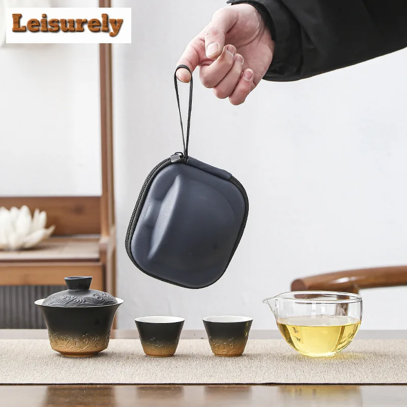 

Black Pottery Teapot And Tea Cup Set Kit Tea Making Travel Tea Set Outdoor Portable Bag Chinese Tea Set Supplies 1 Bowl 2 Cups