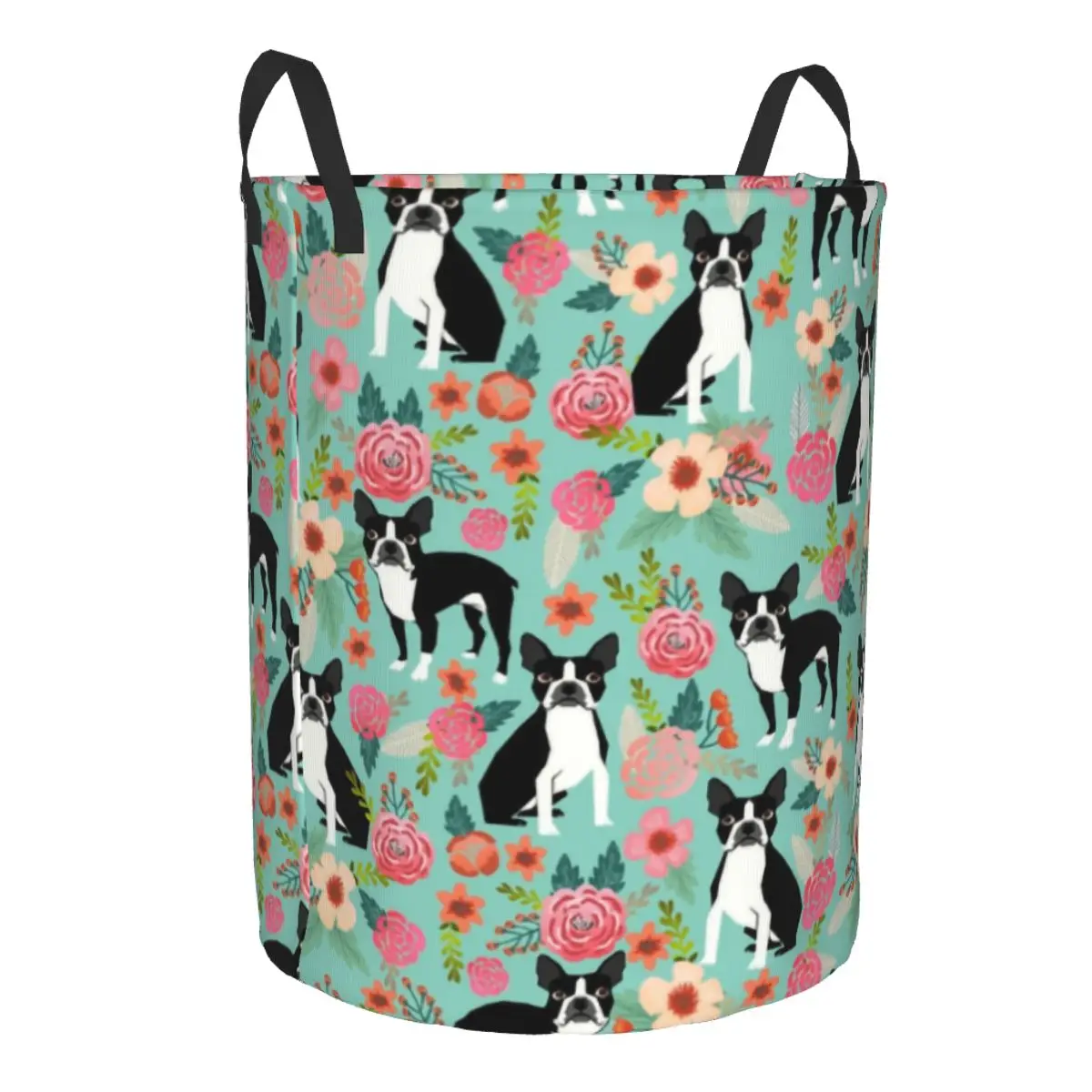 Custom Boston Terrier Dog Florals Pattern Laundry Basket Collapsible Large Capacity Clothing Storage Bin Puppy Pet Baby Hamper