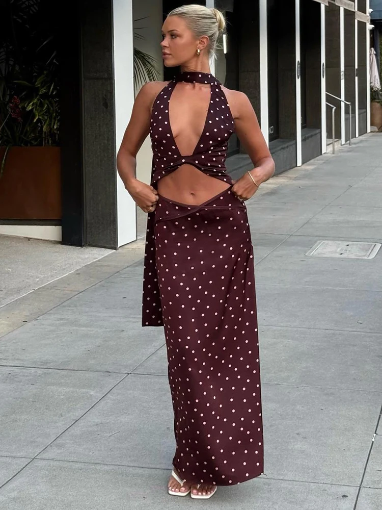 

Sisterlinda Polka Dot Print 3 Piece Set Woman Scarf+Halter Low-Neck Backless Tank Tops+Elastic Waist Long Skirts Elegant Suits
