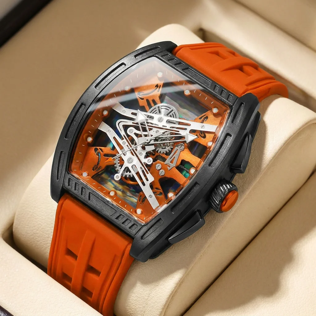 1pcs Men's orange dial silicone strap vintage fashion tonneau sporty details Quartz Watch for business party holiday