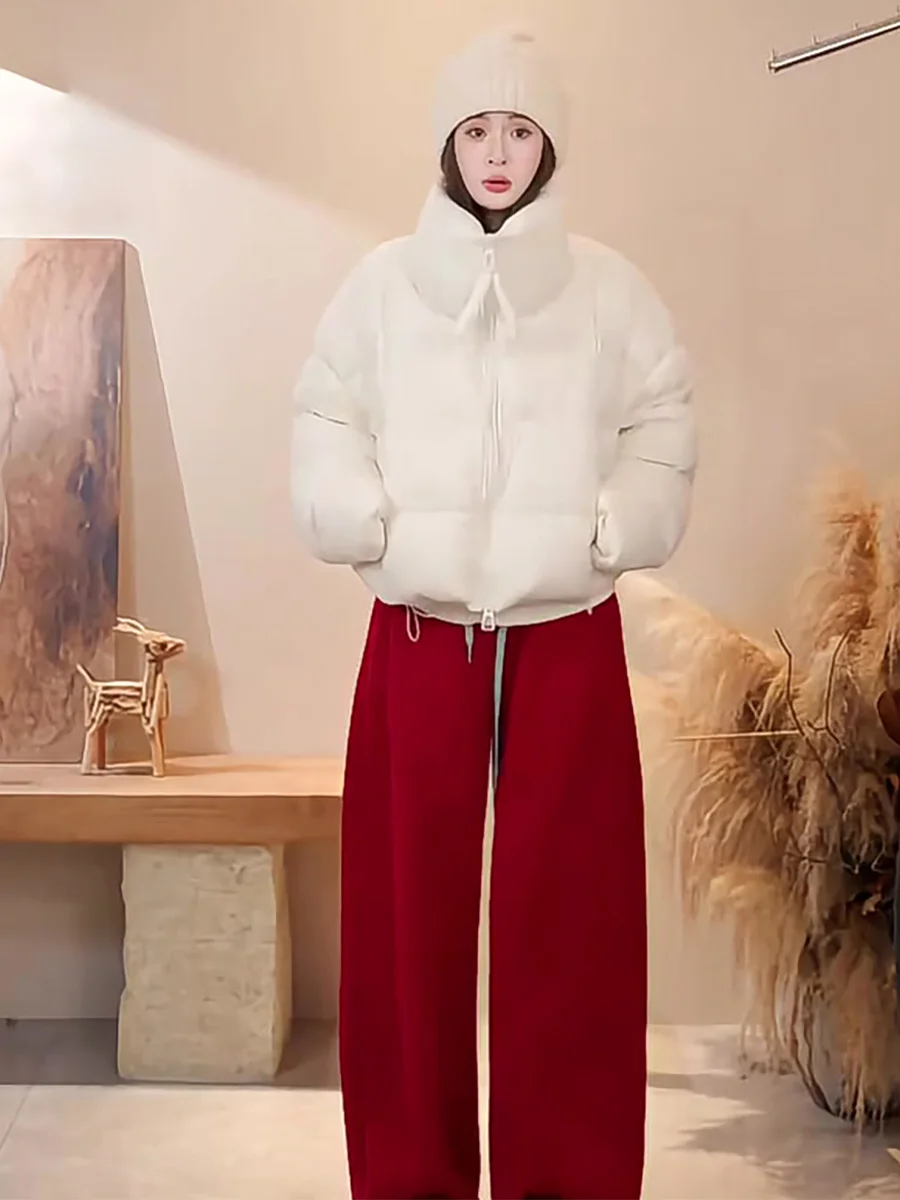 

White Stand Collar ort Puffer Jaet Women's Thiened Du down Bread Coat Casual Loose Fit Zipper ket Warm Ci Leisure