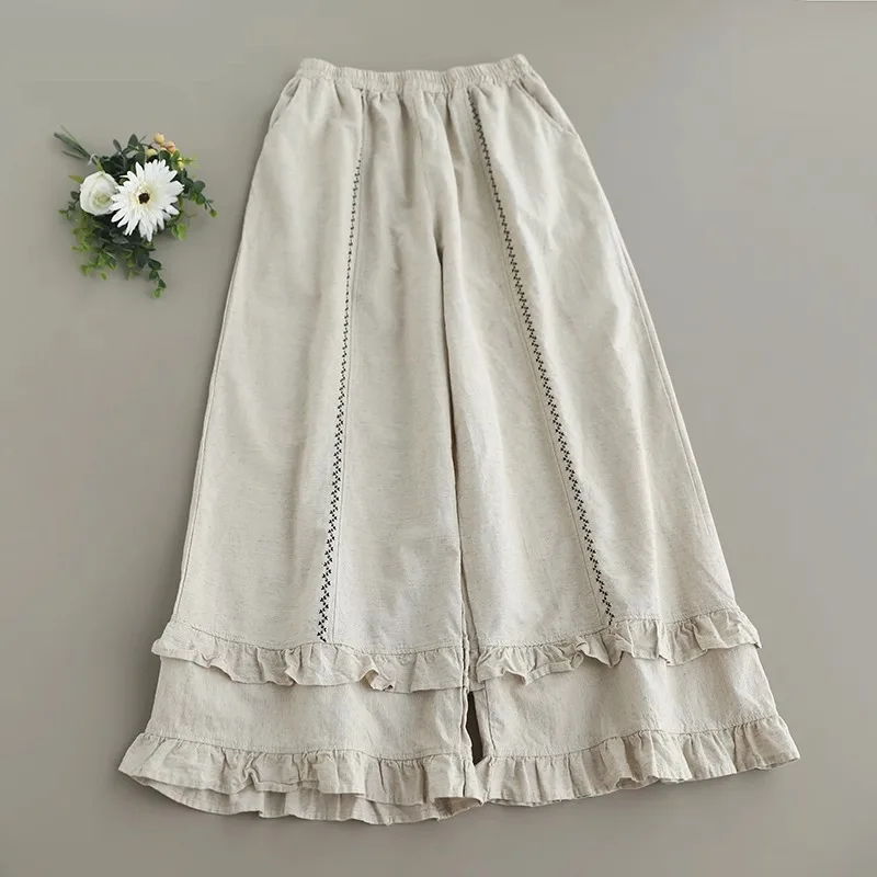 

Japanese Vintage Mori Girl Wire Embroidery Ruffled Cotton Wide Leg Pants Women Summer New Elastic Waist Casual Loose Skirt Pants