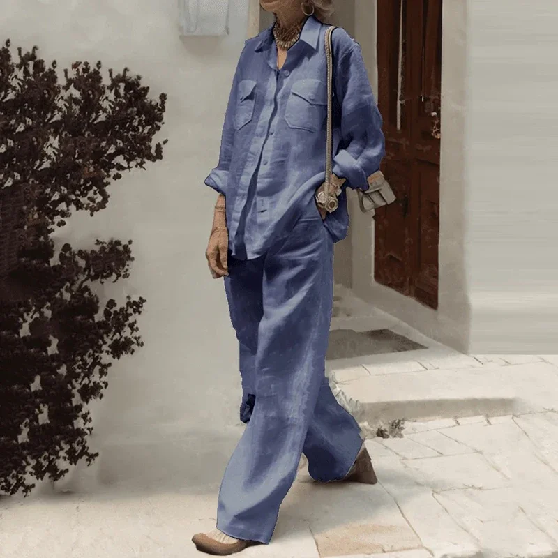 

Женские однотонные длинные брючные костюмы, элегантный модный однобортный топ с длинными рукавами и свободные прямые брюки, комплект из 2 предметов