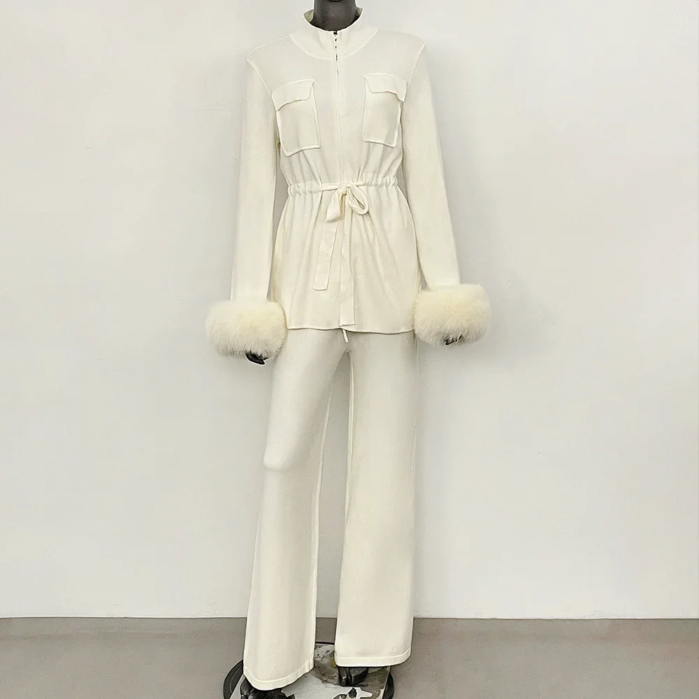 OFTBUY Neuer Luxuriöser Eleganter Winter-Loungewear-Anzug für Damen 2-Teiliges Gestricktes Trainingsanzug-Set Echte Fuchspelz-Jacke mit Taillenzugband für Frauen – Detail 13