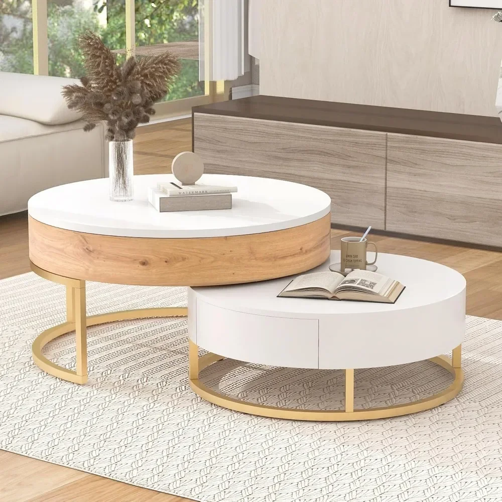 Coffee Table, Lift-Top Nested Coffee Tables with Storage Compartment & 2 Drawers, Round Cocktail Tables Center Table